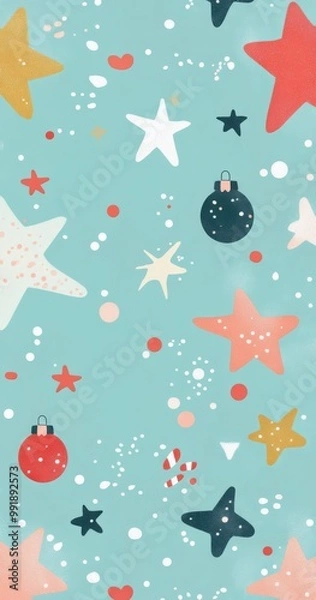 Fototapeta Festive winter-themed decorative pattern featuring ornaments, stars, and candy canes