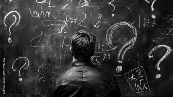 Obraz Man stands facing a blackboard covered in question marks and scribbles