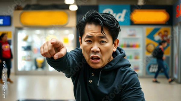 Fototapeta Middle aged Asian man pointing his finger towards the camera