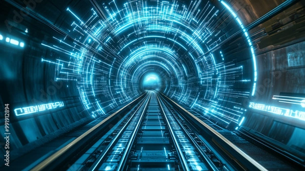 Obraz Futuristic subway tunnel with digital blue light overlays
