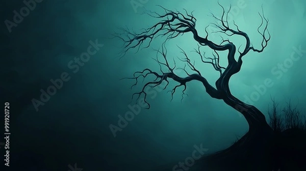 Fototapeta A silhouette of a gnarled tree against a foggy, blue-green sky.