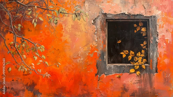 Fototapeta Autumn leaves dancing by the window of an aged wall in a vibrant orange hue