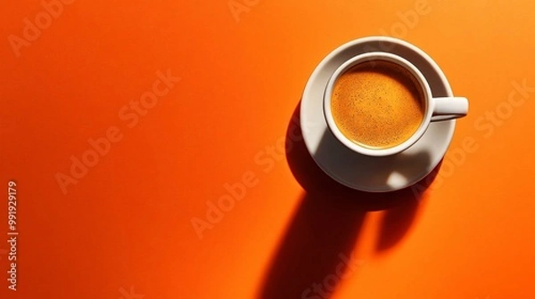 Obraz Top view of a cup of coffee on a bright orange background with a shadow.