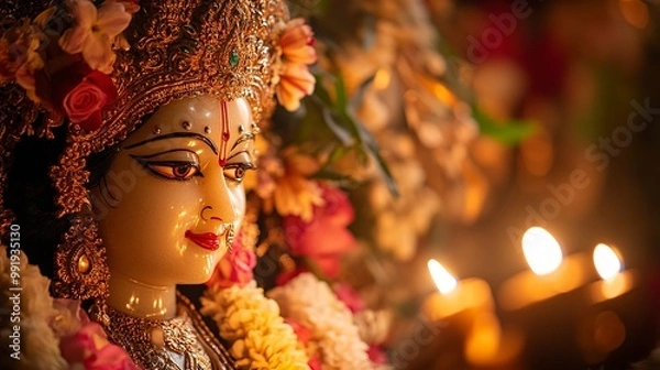 Fototapeta A close up of a beautiful decorated durga idol with bukeh background generative ai image