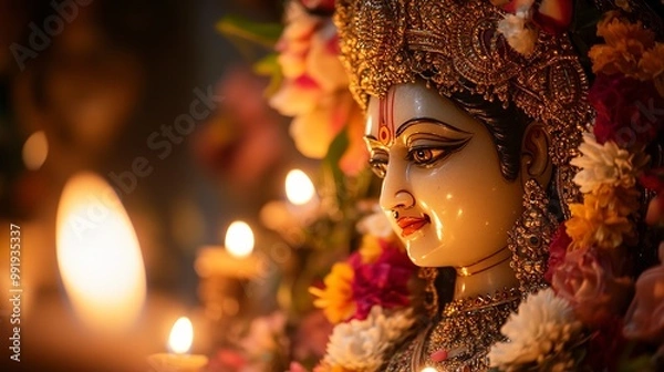 Fototapeta A close up of a beautiful decorated durga idol with bukeh background generative ai image