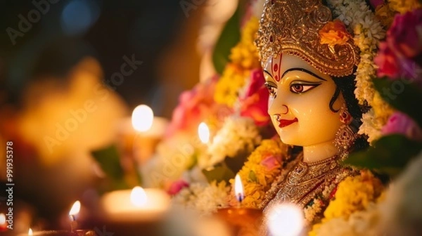 Fototapeta A close up of a beautiful decorated durga idol with bukeh background generative ai image