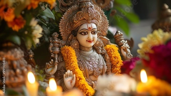 Fototapeta A close up of a beautiful decorated durga idol with bukeh background generative ai image