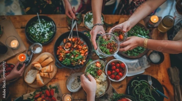 Fototapeta group of friends supporting each other during their weight loss journey, sharing recipes