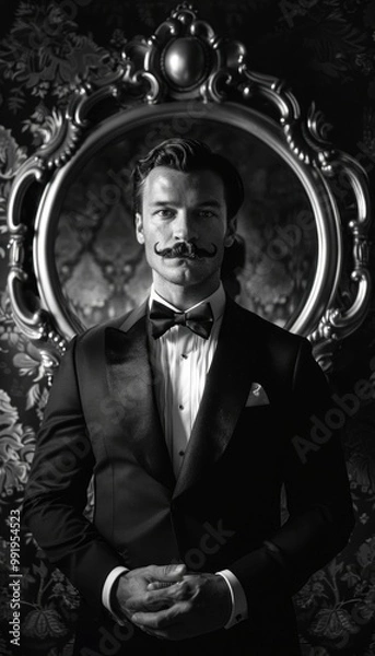 Fototapeta Bold High-Contrast Black and White Portrait of a Man in a Tuxedo with a Sculpted Mustache