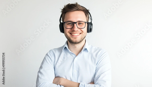 Fototapeta Call center person with confident smile and headphones, light white background