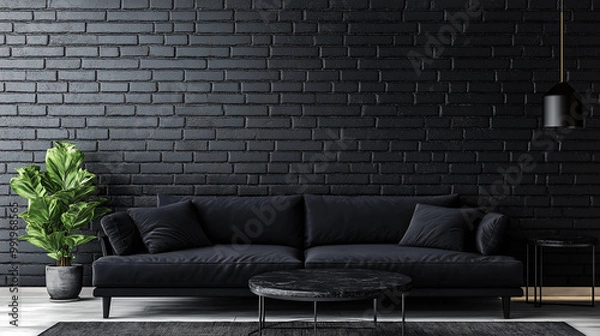Fototapeta black sofa with table and pot for plants on background black  brick wall , 