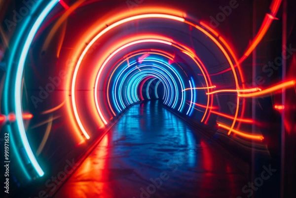 Fototapeta A neon tunnel with red, blue, and green lights