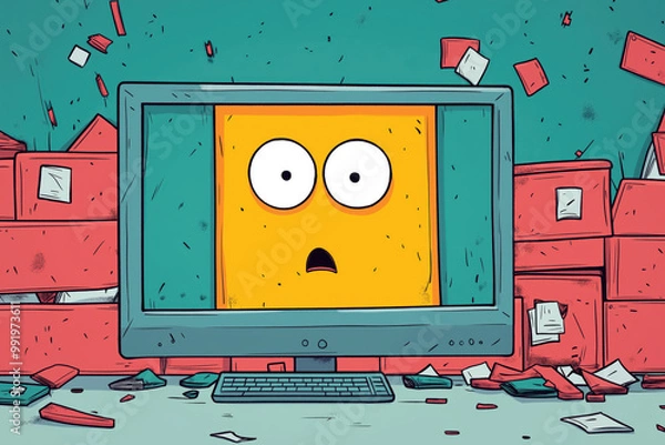 Fototapeta Cartoon illustration of a computer screen with a surprised face surrounded by scattered papers in a chaotic digital workspace