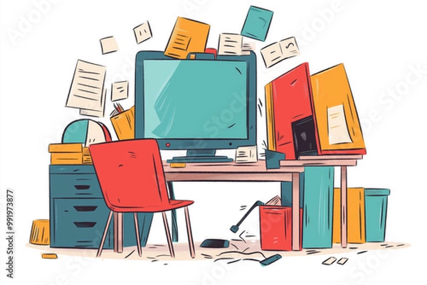 Fototapeta Cartoon-style illustration of a cluttered office desk with paperwork, documents, and storage boxes, representing workplace stress and chaos