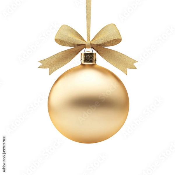 Obraz gold Christmas ball with ribbon and a bow, isolated on background. Generative AI