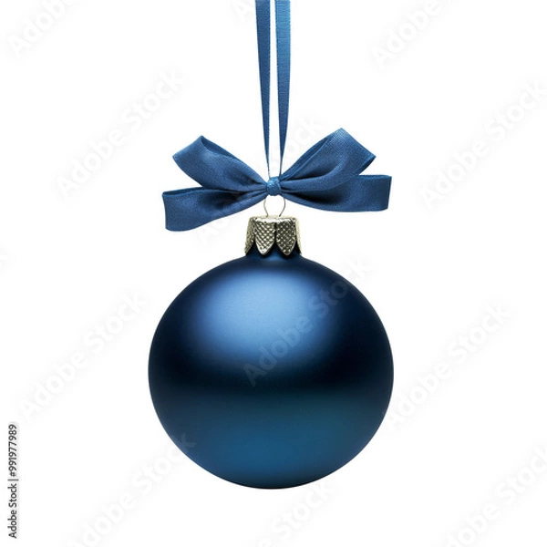 Obraz blue  Christmas ball with ribbon and a bow, isolated on background. Generative AI