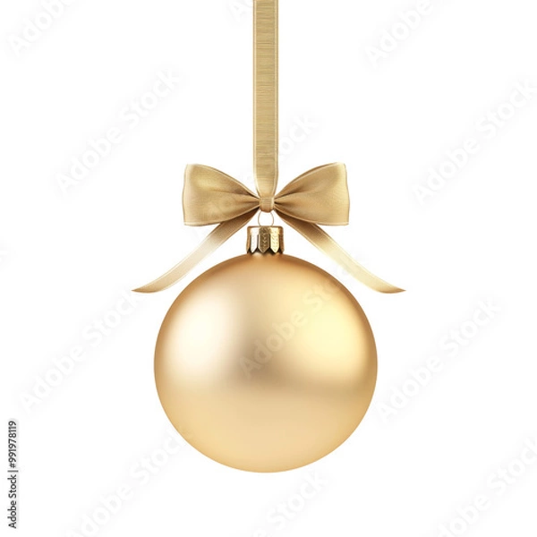 Obraz gold Christmas ball with ribbon and a bow, isolated on background. Generative AI