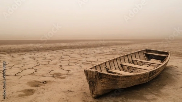Fototapeta A traditional Marsh Arab canoe known as a Mashoof abandoned on the dry earth of the Generative AI