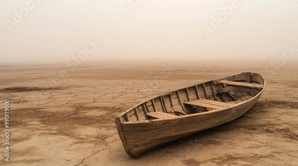 Fototapeta A traditional Marsh Arab canoe known as a Mashoof abandoned on the dry earth of the Generative AI