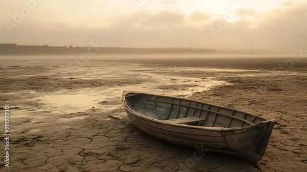 Fototapeta A traditional Marsh Arab canoe known as a Mashoof abandoned on the dry earth of the Generative AI
