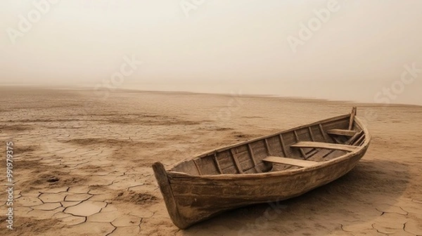 Fototapeta A traditional Marsh Arab canoe known as a Mashoof abandoned on the dry earth of the Generative AI