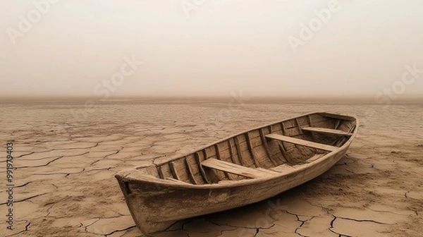 Fototapeta A traditional Marsh Arab canoe known as a Mashoof abandoned on the dry earth of the Generative AI