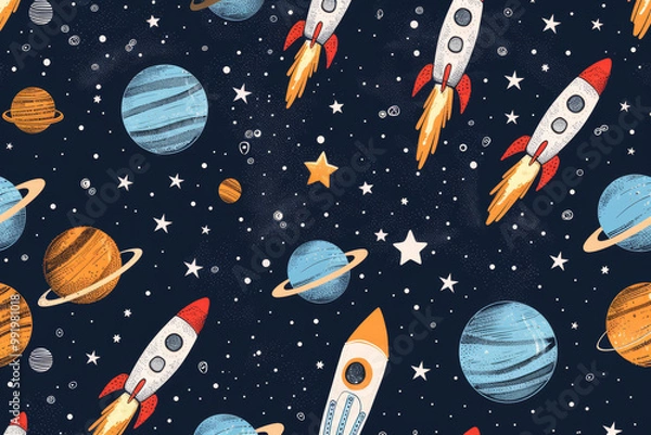 Fototapeta A colorful space scene with planets and rockets