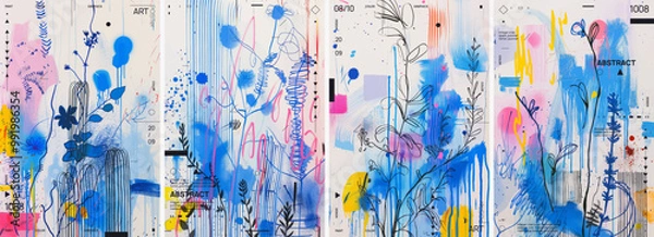 Obraz A series of vertical posters with colorful wildflowers and colorful abstract designs. A sense of movement is captured by dynamic lines and splashes of color throughout.