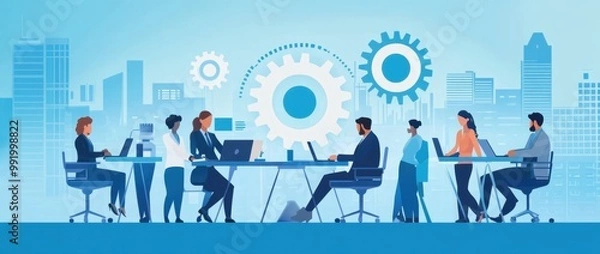 Fototapeta Business team working together on a project, a illustration of business people in an office with laptops and documents around a table, doing work at their desks Generative AI