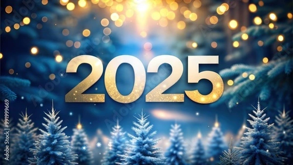 Fototapeta 2025 New Year Celebration with Sparkling Golden Numbers Surrounded by Frosty Blue Christmas Trees and Warm Bokeh Lights Creating Joyful Atmosphere Full of Hope and Fresh Beginnings