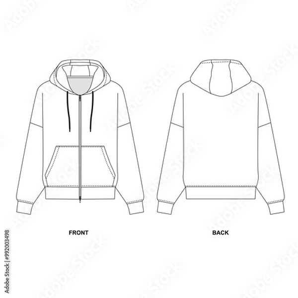 Fototapeta Flat sketch of basic hoodie with zipper, front and back view. Fashionable hooded jacket template, vector. Technical drawing of sports sweatshirt with pockets. 