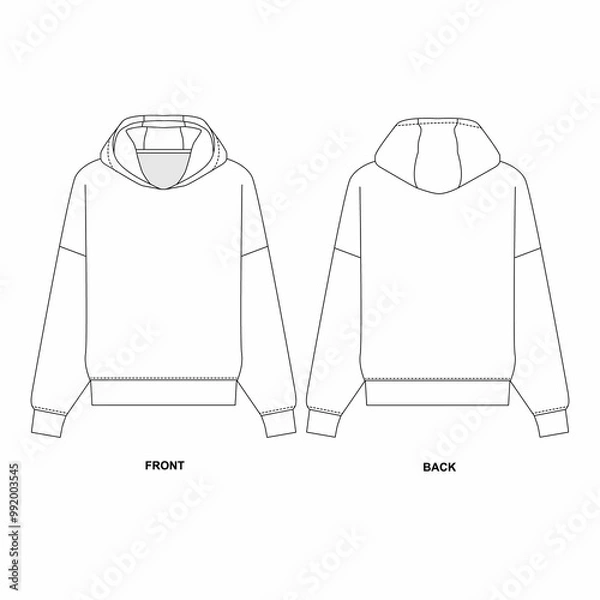 Obraz Fashionable hooded jacket pattern. Technical drawing of a long sleeve sports sweatshirt.Flat sketch of a basic hoodie, front and back view. 