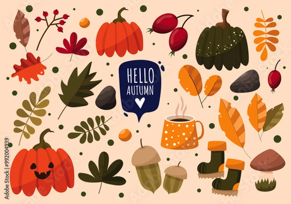 Fototapeta Illustrations set of  Leaves and Autumn Elements for Pattern design