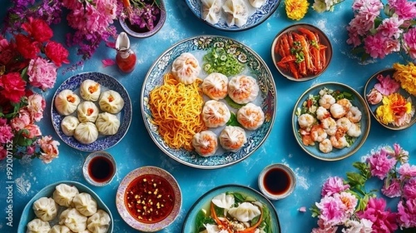Fototapeta A colorful spread of Chinese dishes is arranged on a blue table adorned with flowers. There are shrimp noodles, steamed dumplings in a patterned bowl, and sauces like soy sauce and chili oil