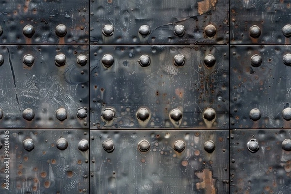Fototapeta Seamless weathered metal surface featuring rivets and rust. The surface shows signs of wear with a mix of dark and light tones, along with water droplets and corrosion marks.