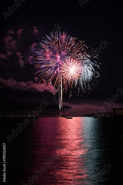 Fototapeta Fireworks Explode Over Lake With Boats - 4291