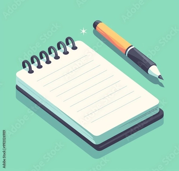 Fototapeta Simple icon of a notepad and pencil in vector style with pastel colors on a white background, perfect for educational or creative themes.

