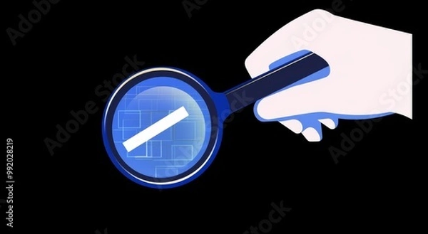 Obraz Icon of a simple search bar in light blue and white on a black background, featuring a blank left side for text, a hand holding a magnifying glass 