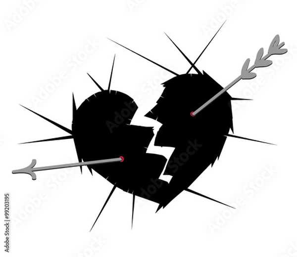 Fototapeta Broken heart vector illustration - two part of heart separation, with broken arrow in heart. Hurt heart cowered thorns. Symbol of sad feelings and problem in relationship. Vector.
