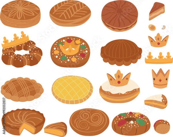 Fototapeta Variations for the French Epiphany cake: la galette des rois. Flat icon, vector icon set. Three kings cake.