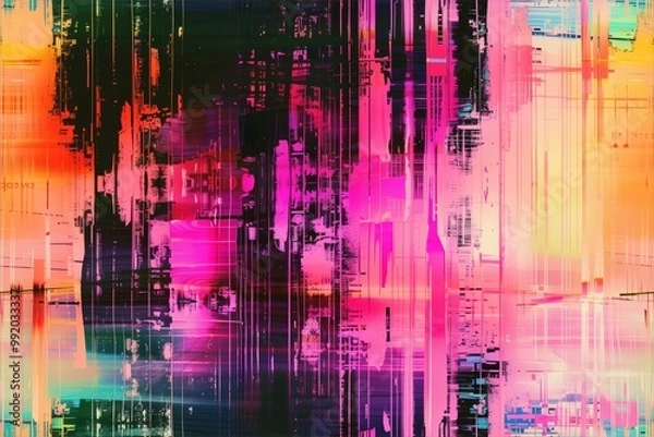Obraz Seamless abstract distressed distortion digital artwork featuring vibrant colors such as pink, orange, and black. The composition includes vertical and horizontal lines.
