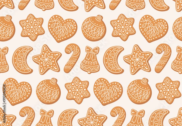 Fototapeta Seamless pattern of sweet gingerbread cookies. Hand drawn vector illustration. Design for Christmas and New year or homemade bakery wallpaper, textile, backdrop, wrapping paper.