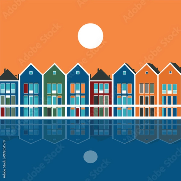 Fototapeta Illustration of Colorful houses in Houten, Netherlands.