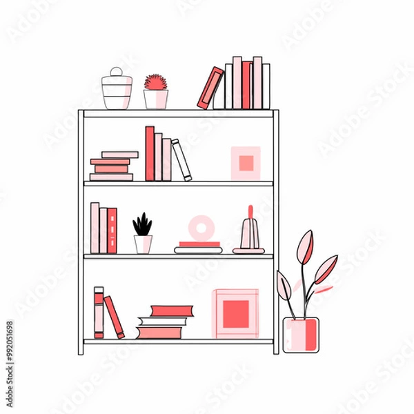 Fototapeta A vector illustration of a minimalist bookshelf with books and decor items. Perfect for content related to home organization, interior design, or library decor...
