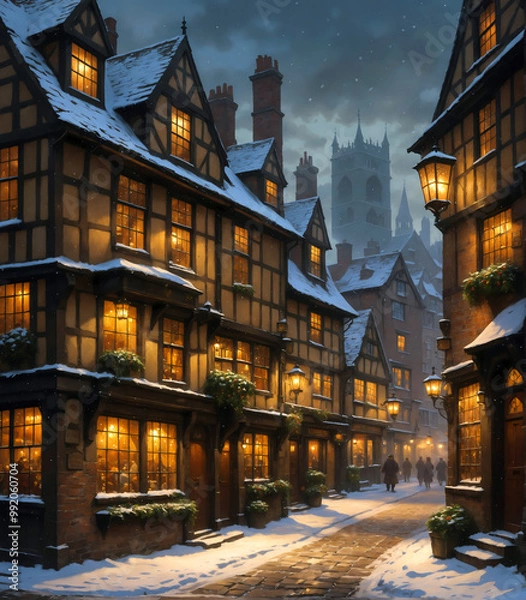 Obraz winter scene with old-Fashioned English street with inns, and houses covered in snow and people walking down the lamp lit road in the evening