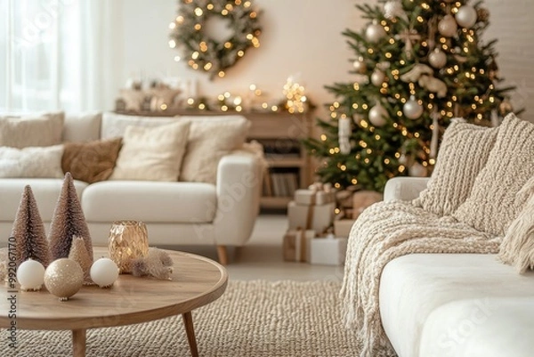 Fototapeta holiday minimalist decor, minimalist holiday cheer in a tidy living room adorned with sepia christmas decor, creating a serene and uncluttered space