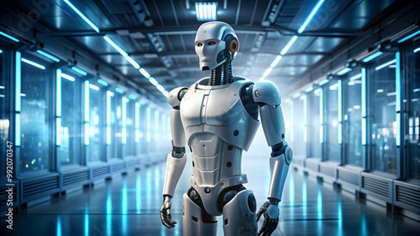 Obraz A high-tech humanoid robot with artificial intelligence standing in a futuristic environment, robot