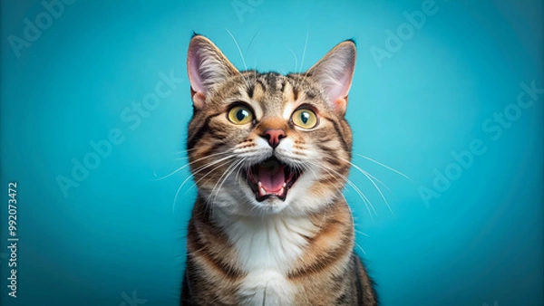 Fototapeta Laughing cat with bright eyes and open mouth on plain blue background, copy space, cat, feline, pet, animal, laughing, happy
