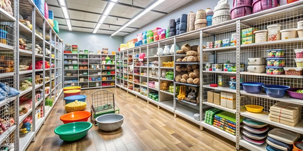 Fototapeta Pet store interior with rows of shelves stocked with various pet supplies and accessories , Pet supplies, animals, retail