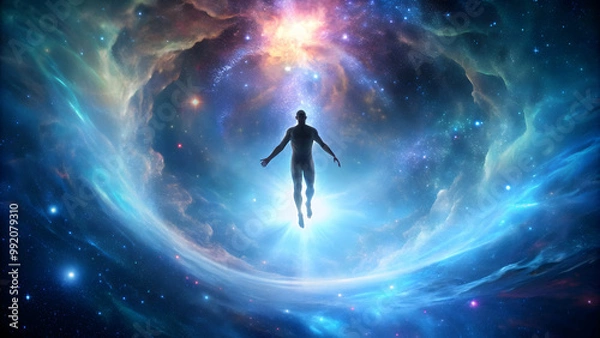 Fototapeta Soul leaving body and transcending into outer space , soul, human, space, transcendence, spiritual, universe, cosmos